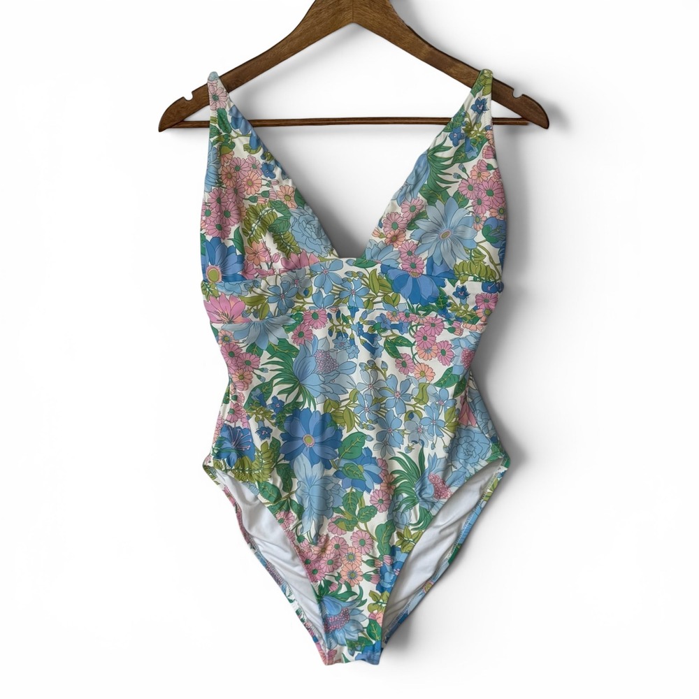 J. Crew Floral One Piece Swimsuit 12 Blue Pink AV273 Retro Vacation Cottagecore
